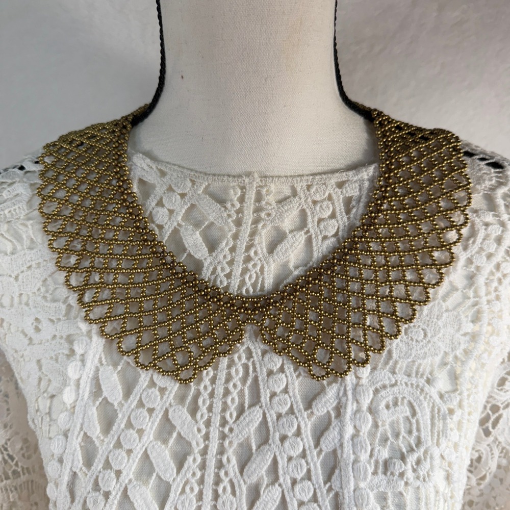 Vintage Necklace Peter Pan Collar Beaded Openwork Lattice Antique Gold Tone - Picture 2 of 8